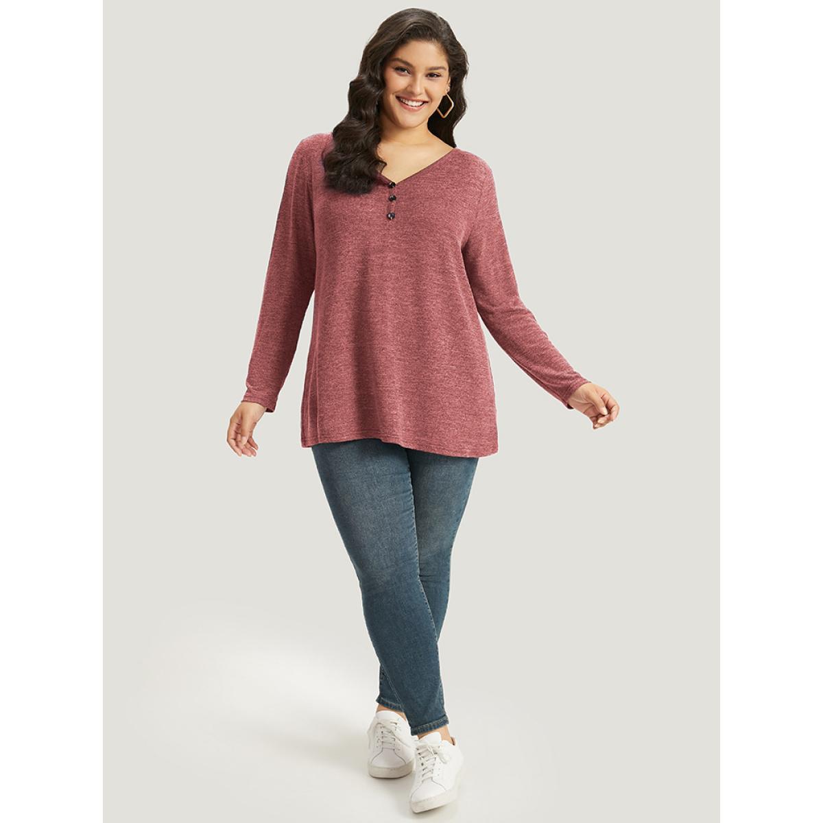 Plus Size Heather Button Up Long Sleeve T-shirt Russet Women Casual Heather Plain V-neck Everyday T-shirts BloomChic 18-20/2X Product Image