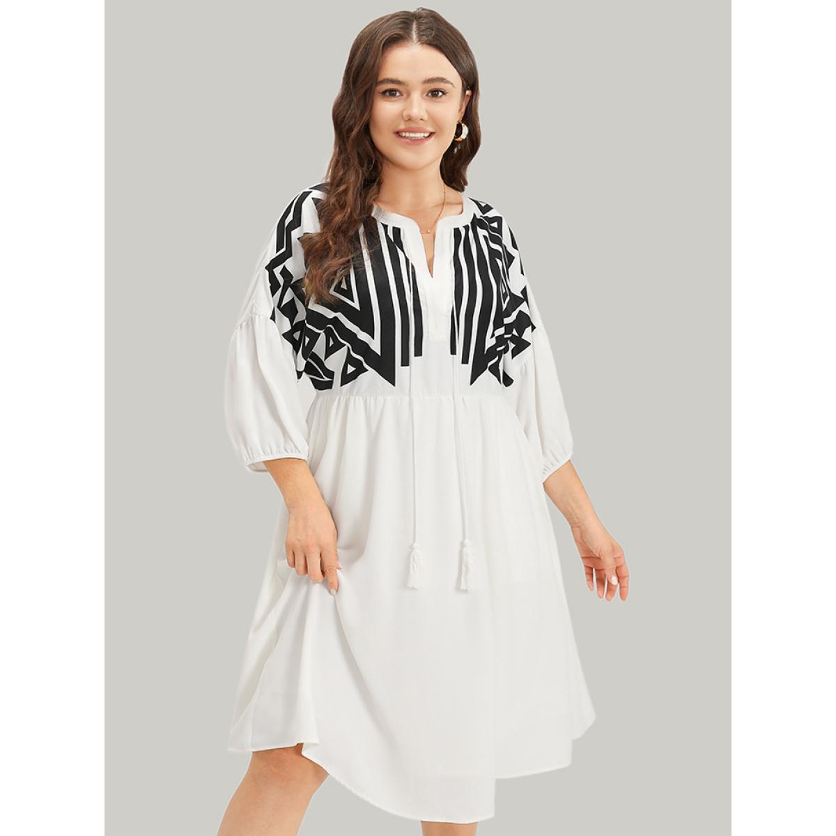 Plus Size Geometric Print Notched Ties Tassels Elastic Cuffs Dress White Women Vacation Elastic cuffs Notched collar Elbow-length sleeve Curvy Midi Dress BloomChic 22-24/3X Product Image