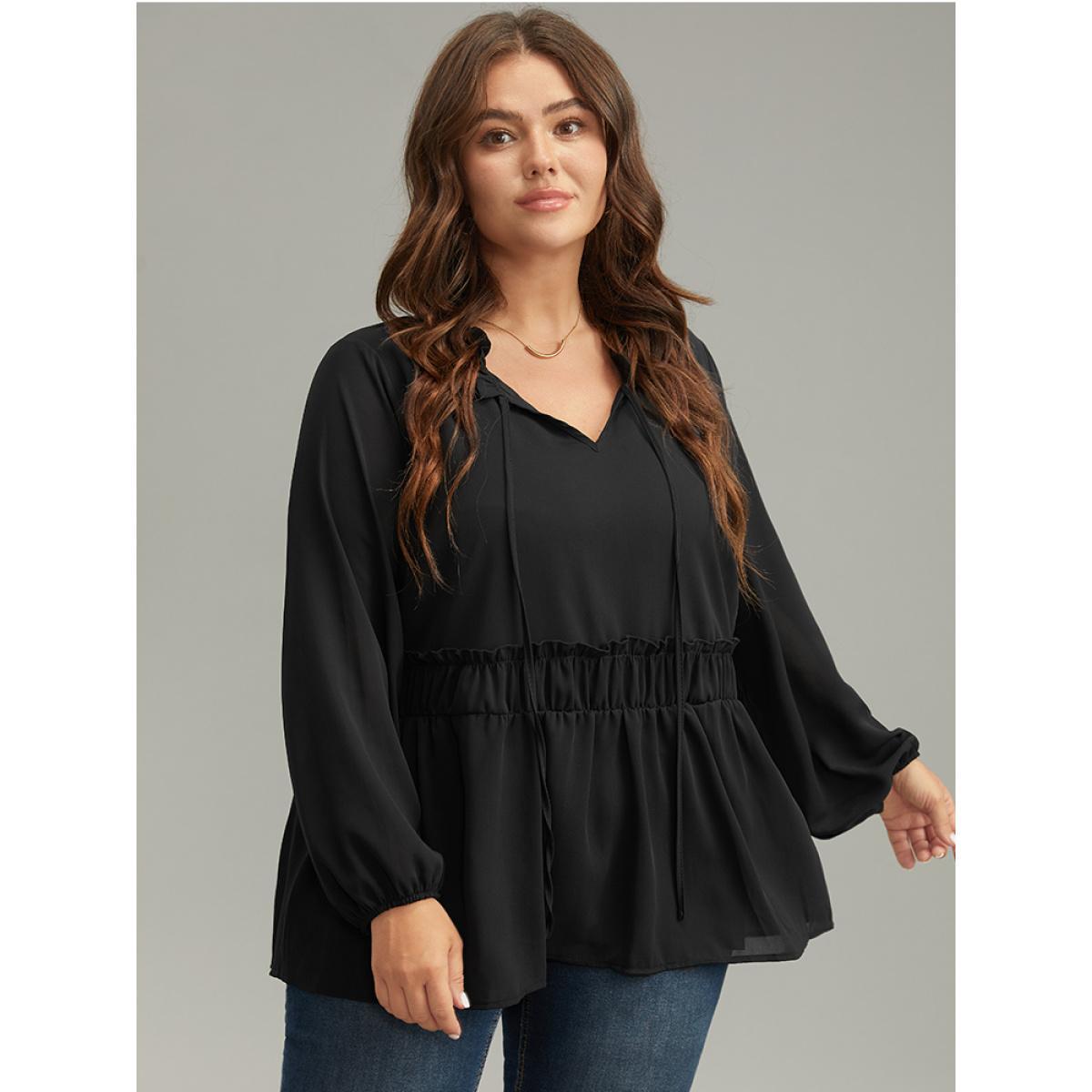 Plus Size Black Anti-Wrinkle Plain Shirred Frill Trim Gathered Tie Neck Blouse Women Casual Long Sleeve Tie Neck Everyday Blouses BloomChic 30/6X Product Image