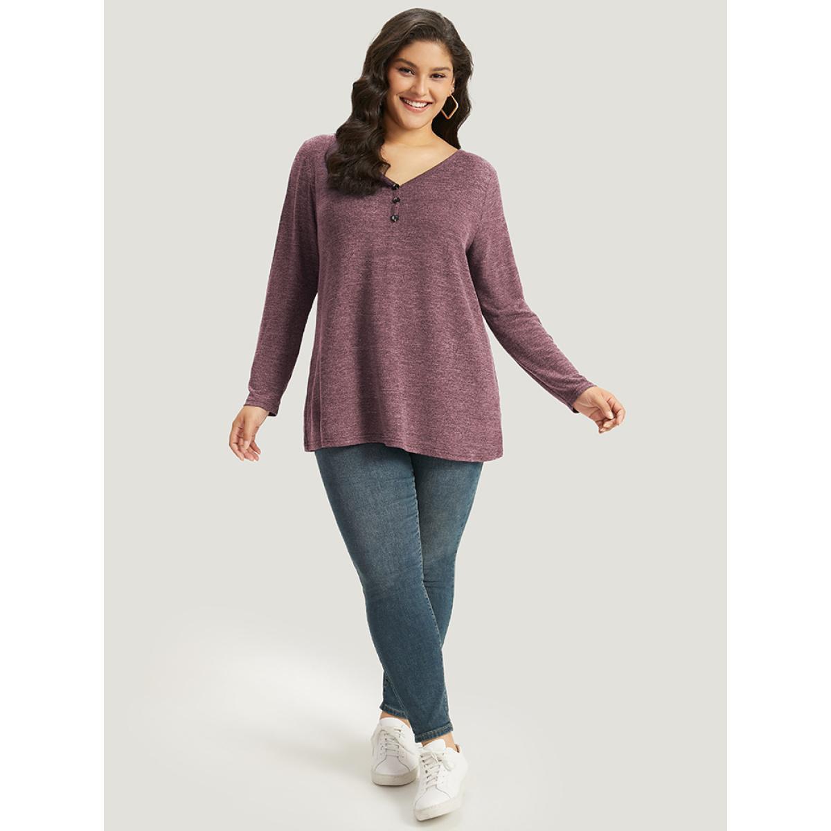 Plus Size Heather Button Up Long Sleeve T-shirt Russet Women Casual Heather Plain V-neck Everyday T-shirts BloomChic 18-20/2X Product Image