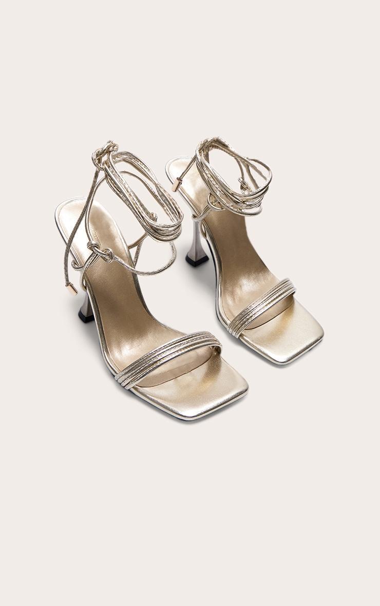Gold Pu Square Toe Triple Strap Lace Up Mid Heeled Sandals Product Image