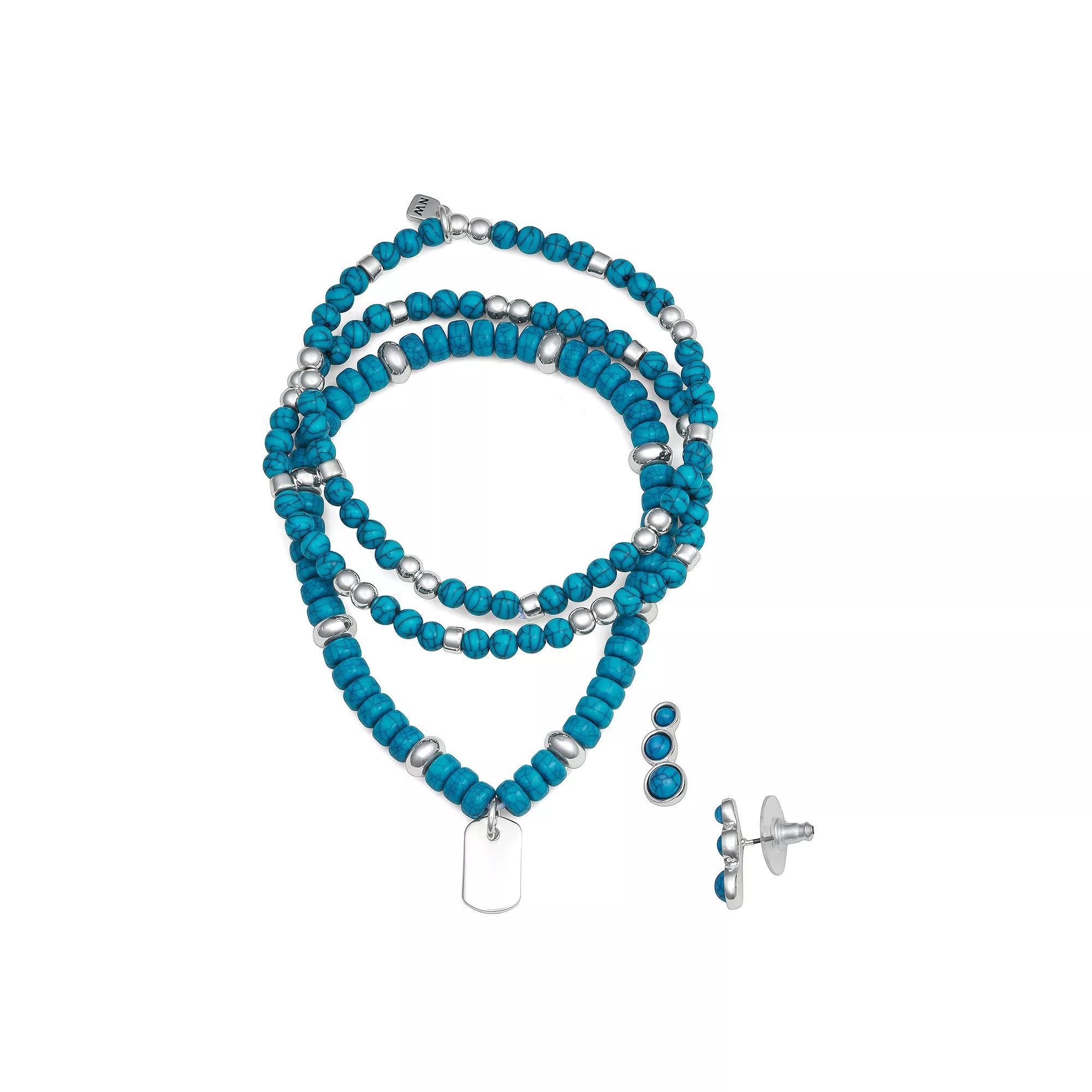 Nine West Silver-Tone and Turquoise Dogtag Charm Bracelet and Earrings Set, Womens, Blue Product Image