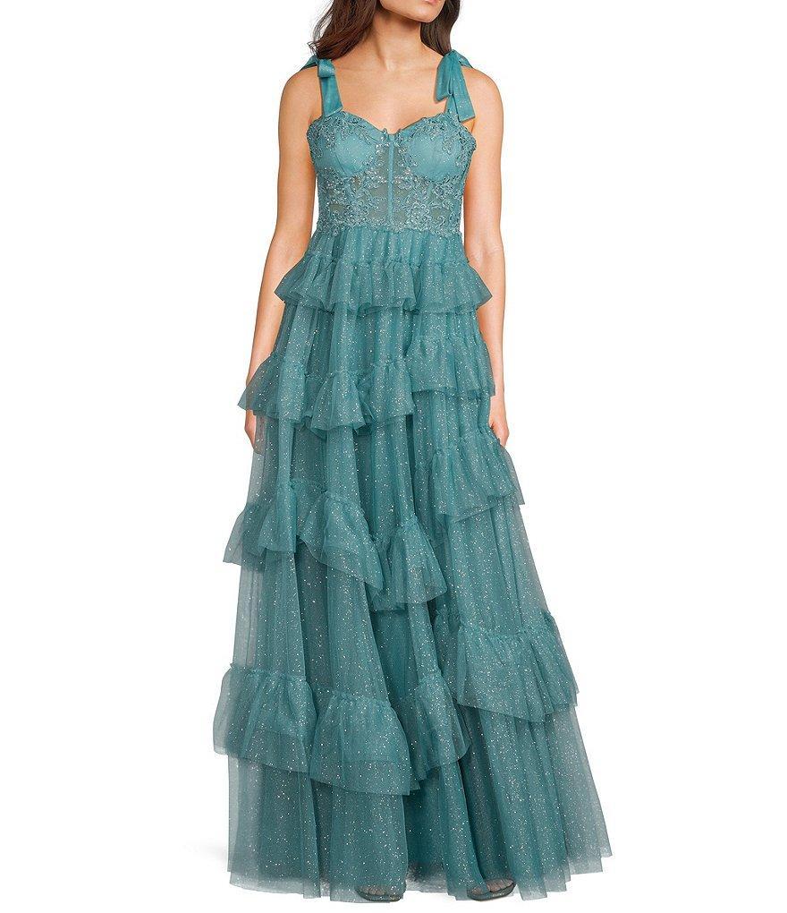 City Vibe Sweetheart Neck Bustier Tie Strap Illusion Corset Waist Embroidered Applique Ruffled Dress Product Image