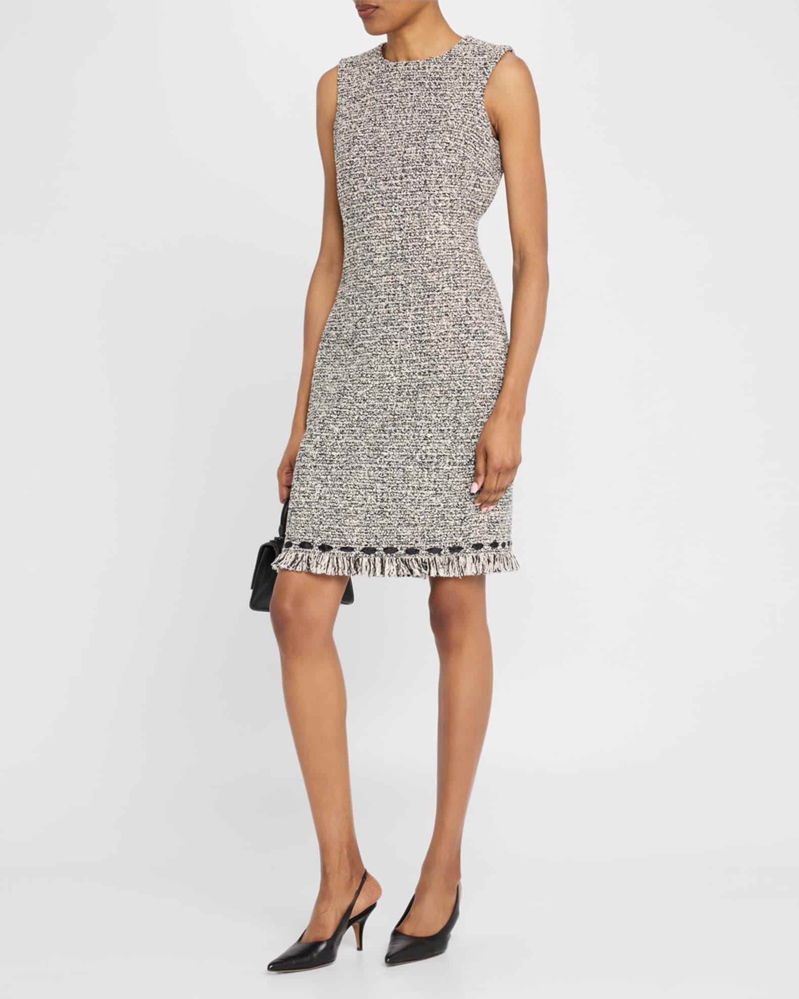 Ribbon-Trim Fringed Tweed Dress Product Image