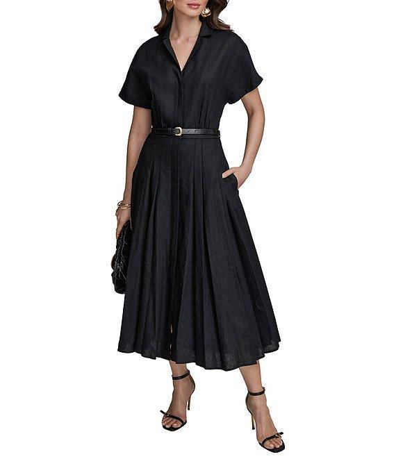 Donna Karan Linen Blend Short Sleeve Belted Midi Shirt Dress Product Image
