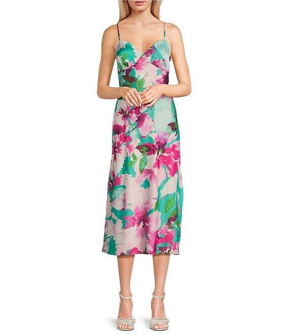 Honey and Rosie Printed Floral Satin Sleeveless Sweetheart Neckline Midi Dress Product Image