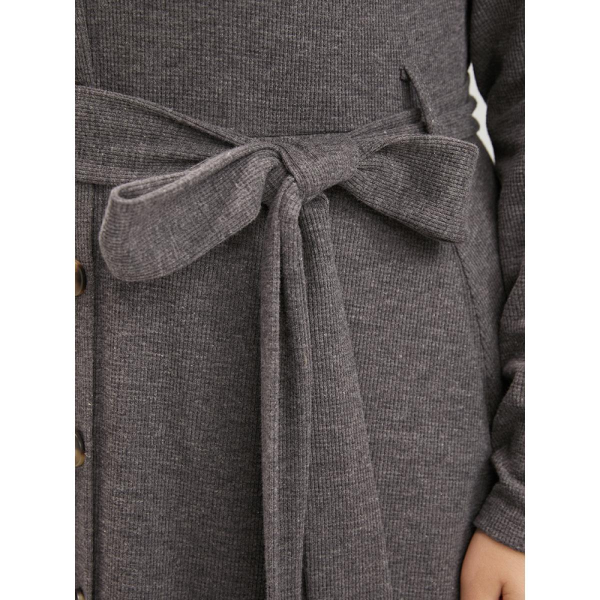 Plus Size Solid Pocket Button Up Belted Rib Knit Dress DarkGray Women Elegant Button V-neck Long Sleeve Curvy Midi Dress BloomChic 30/6X Product Image
