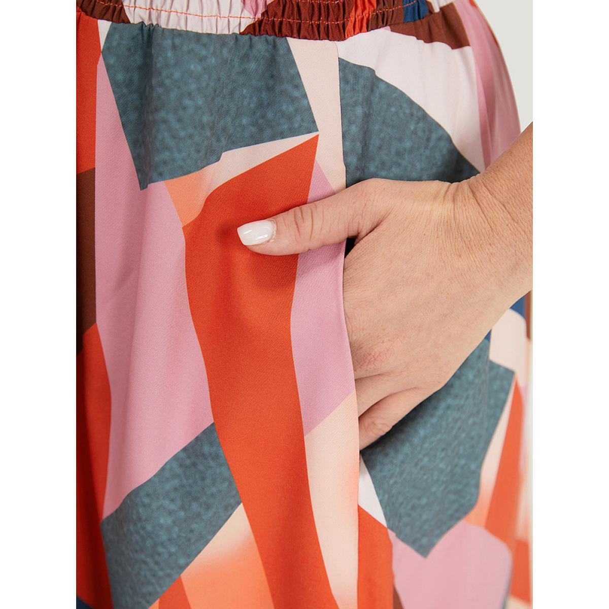 Plus Size Colour Geometric Contrast Shirred Ruffles Elastic Waist Dress Multicolor Women Vacation Elastic Waist V-neck Short sleeve Curvy Midi Dress BloomChic 28/5X Product Image