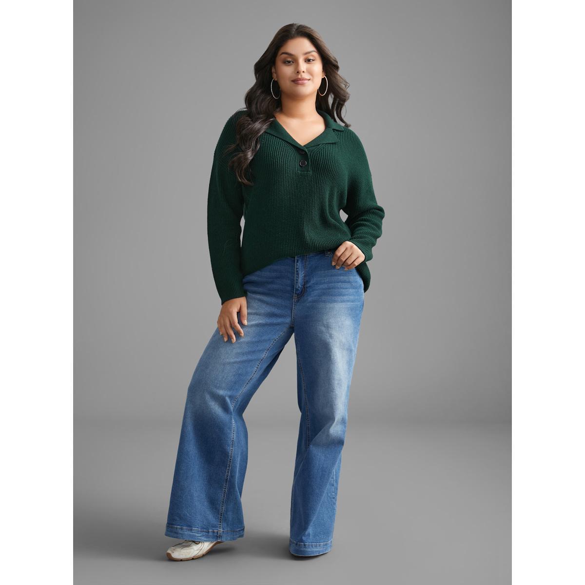 Plus Size Supersoft Essentials Textured Button Up Pullover DarkGreen Women Casual Loose Long Sleeve Suit Collar Everyday Pullovers BloomChic 30/6X Product Image