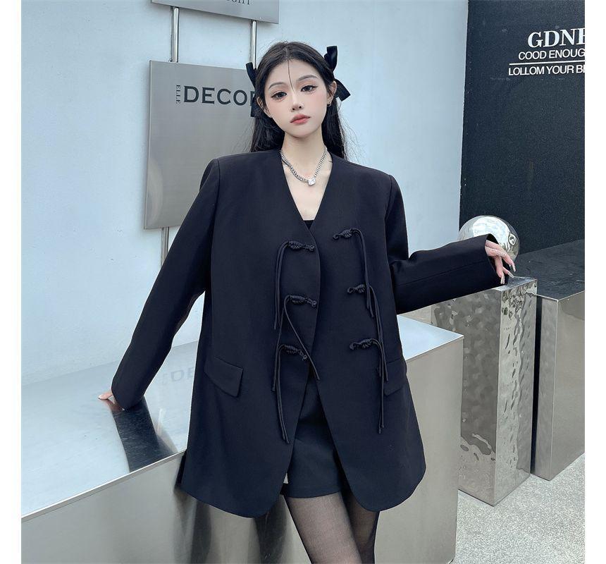 Collarless Plain Frog Button Blazer Product Image