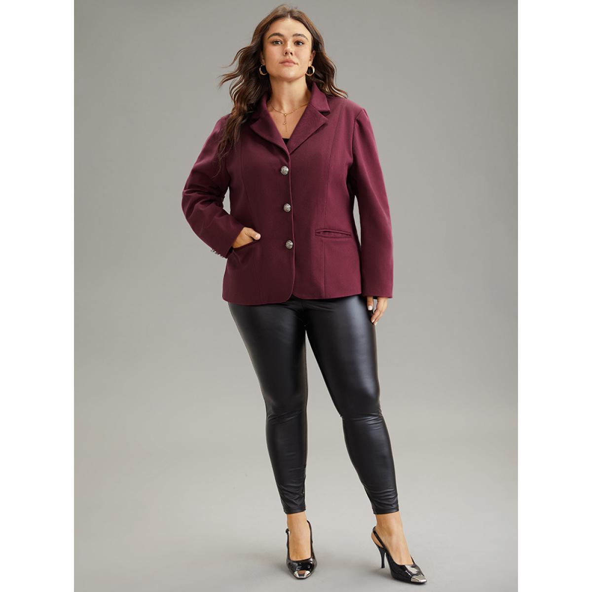 Plus Size Solid Button Fly Pocket Suit Collar Blazer Burgundy Women Work Plain Button Sleeve Long Sleeve Suit Collar 22-24/3X Pocket Elegant Blazers BloomChic Product Image