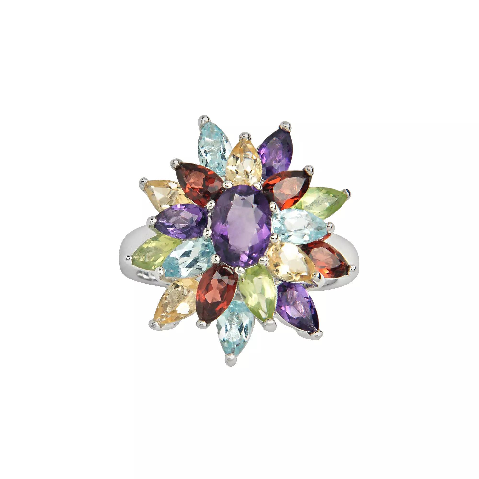 Sterling Silver Gemstone Floral Cluster Ring, Women's, Size: 9, Multi Color Product Image