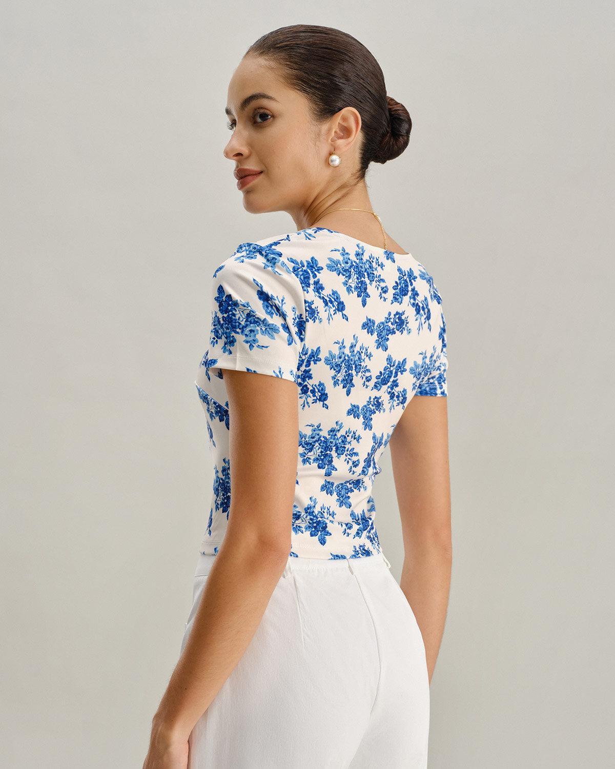 Blue Floral Short Sleeve T-Shirt Product Image