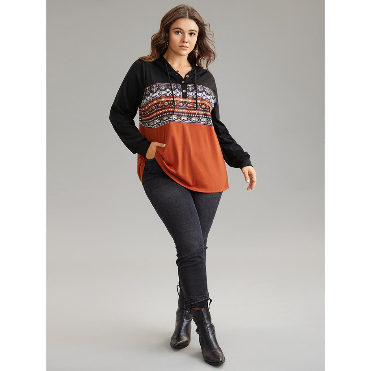 Plus Size Contrast Bandana Button Up Hooded T-shirt Multicolor Women Casual Contrast Bohemian Print Hooded Dailywear T-shirts BloomChic 22-24/3X Product Image