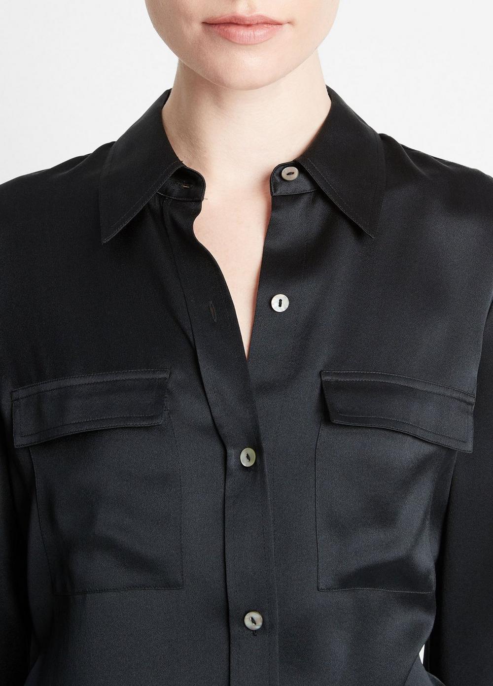 Silk Chest-Pocket Long-Sleeve Blouse Product Image