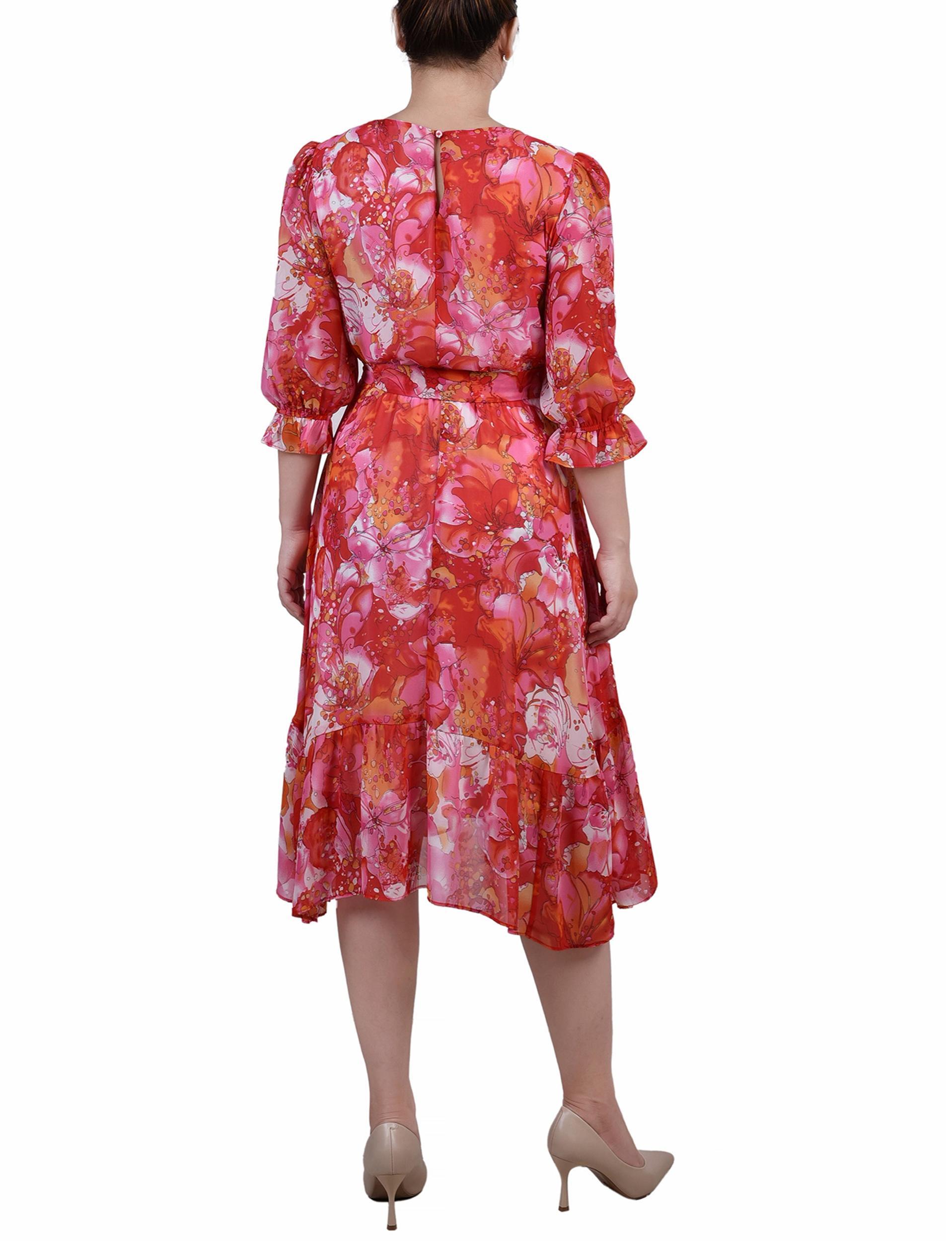Ivory Fuchsia Coral 3/4 Sleeve V-Neck Flounced Dress Product Image