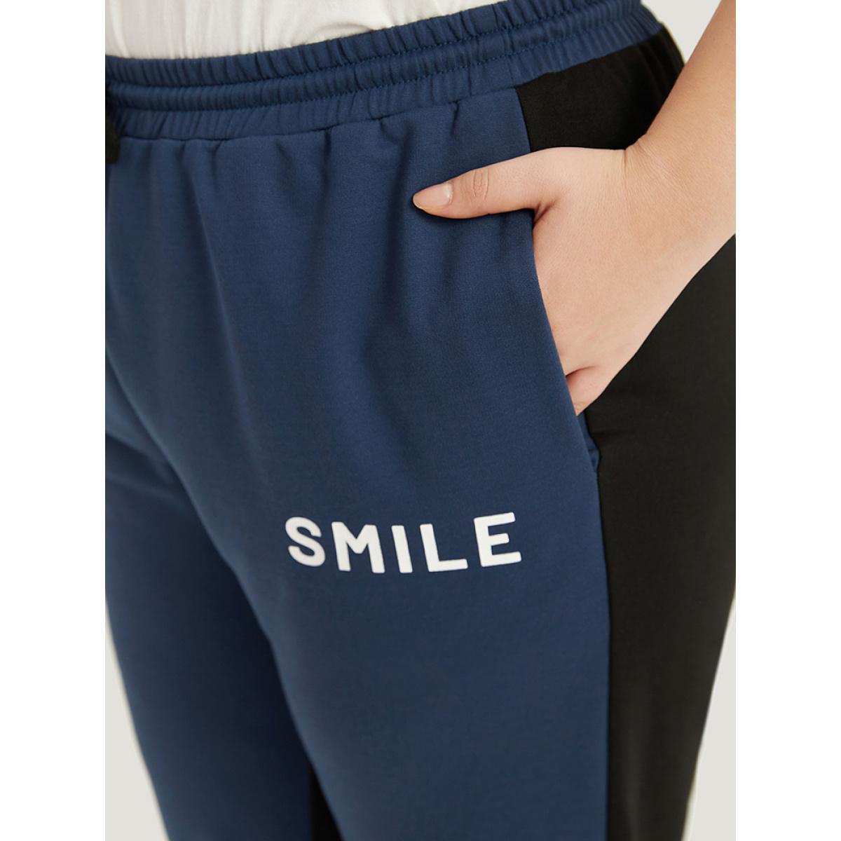 Letter Print Drawstring High Rise Sweatpants Black Plus Size Women Casual Dailywear Contrast 30/6X Bloomchic Product Image