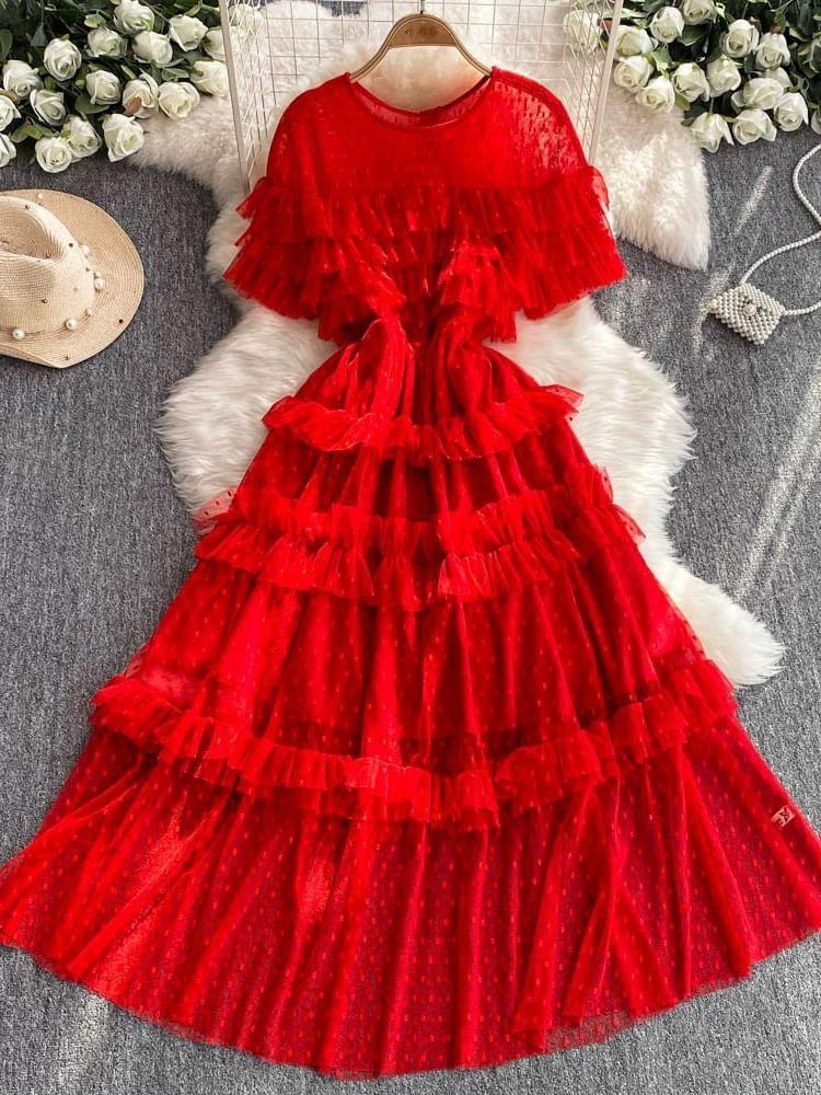 Short-Sleeve Dotted Ruffle Mesh Maxi A-Line Dress Product Image