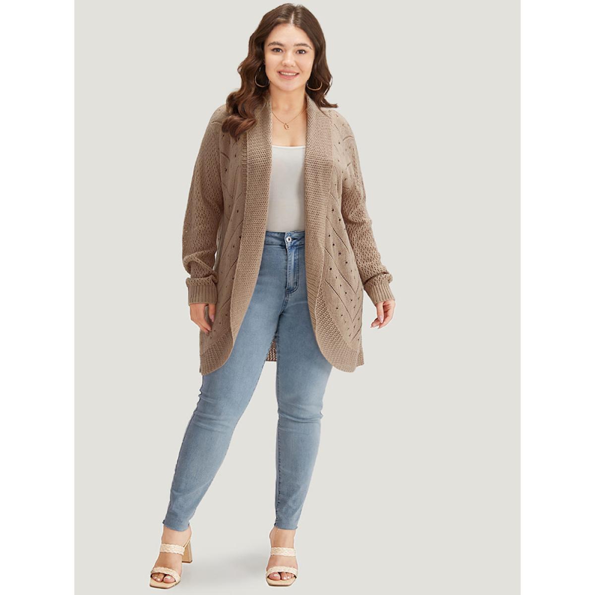 Plus Size Lapel Collar Geometric Eyelet Drop Shoulder Cardigan Rouge Women Casual Loose Long Sleeve Dailywear Cardigans BloomChic 10/M Product Image