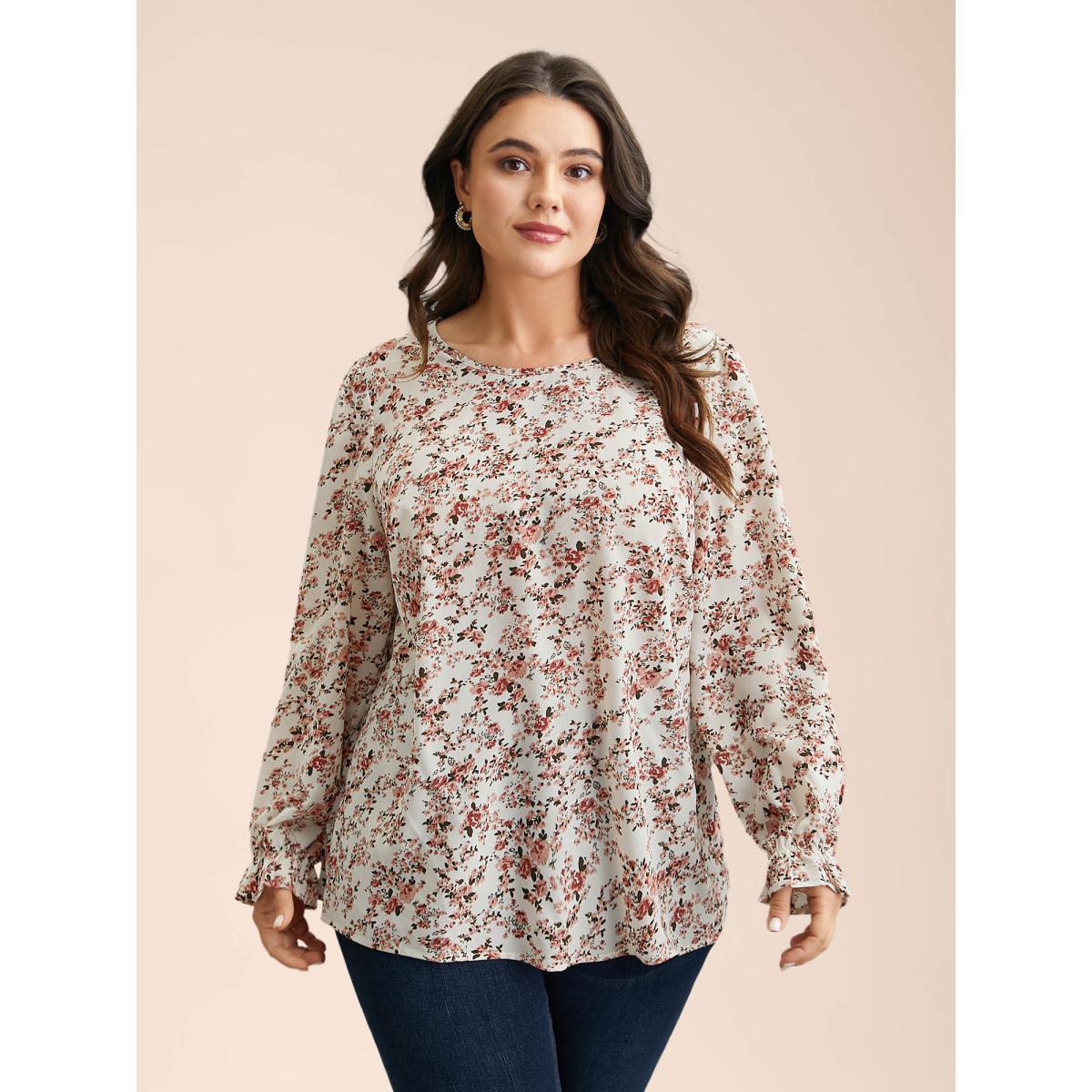 Plus Size Beige Back Lace Trim Ditsy Floral Print Blouse Women Elegant Long Sleeve Round Neck Everyday Blouses BloomChic 26/4X Product Image