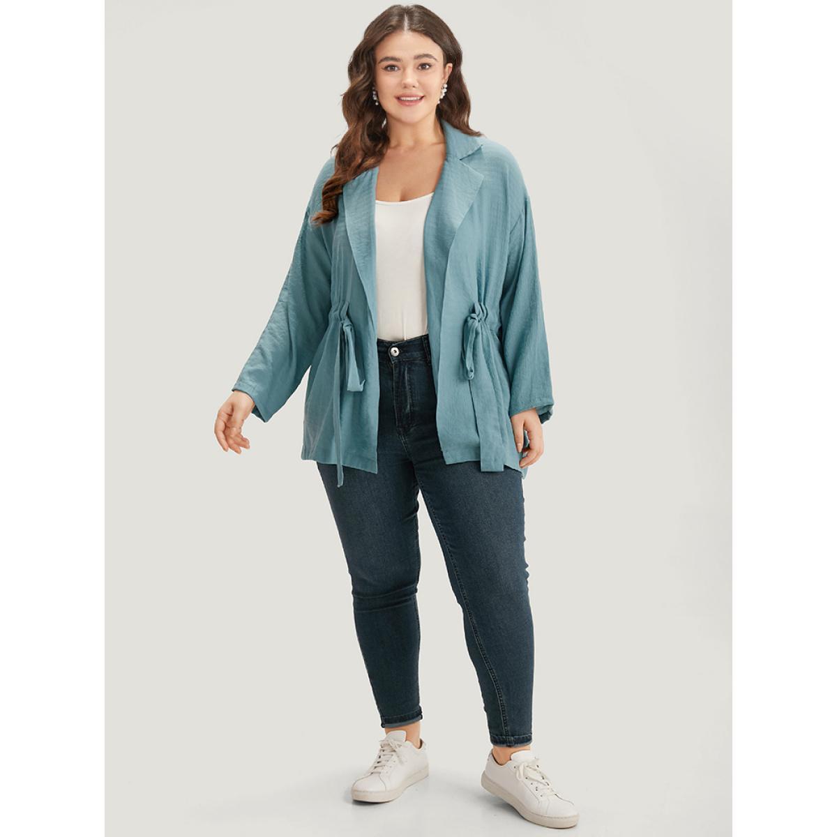 Plus Size Plain Suit Collar Drawstring Ties Kimono Women Cerulean At the Office Drawstring Belt Work Kimonos BloomChic 12/L Product Image