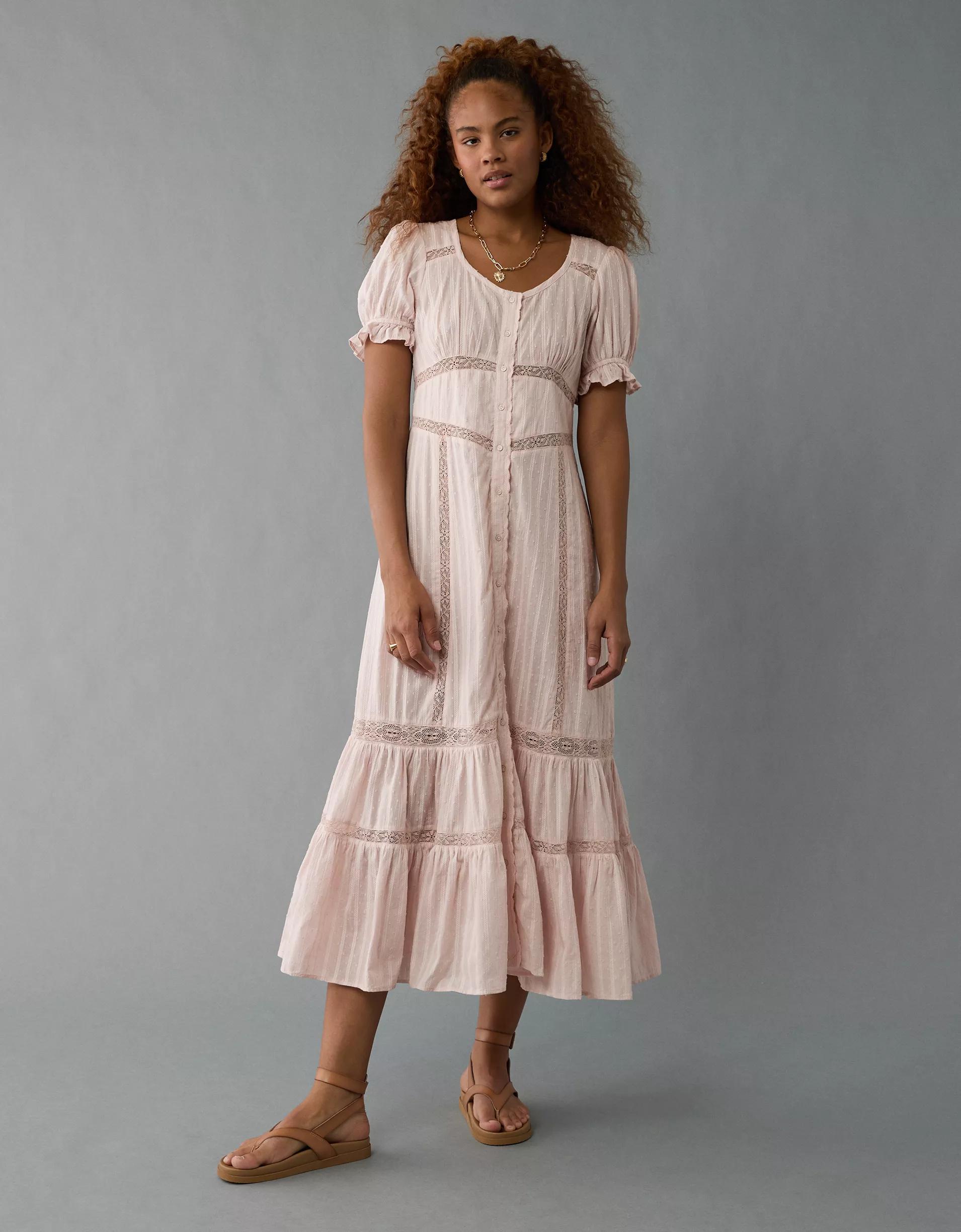 AE Lace Puff-Sleeve Button-Up Midi Dress Product Image