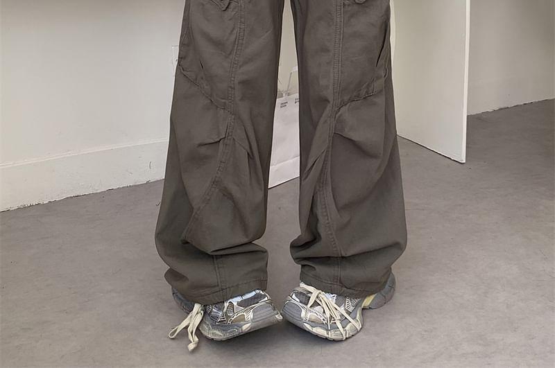 Mid Waist Plain Ruched Wide Leg Cargo Jeans Product Image