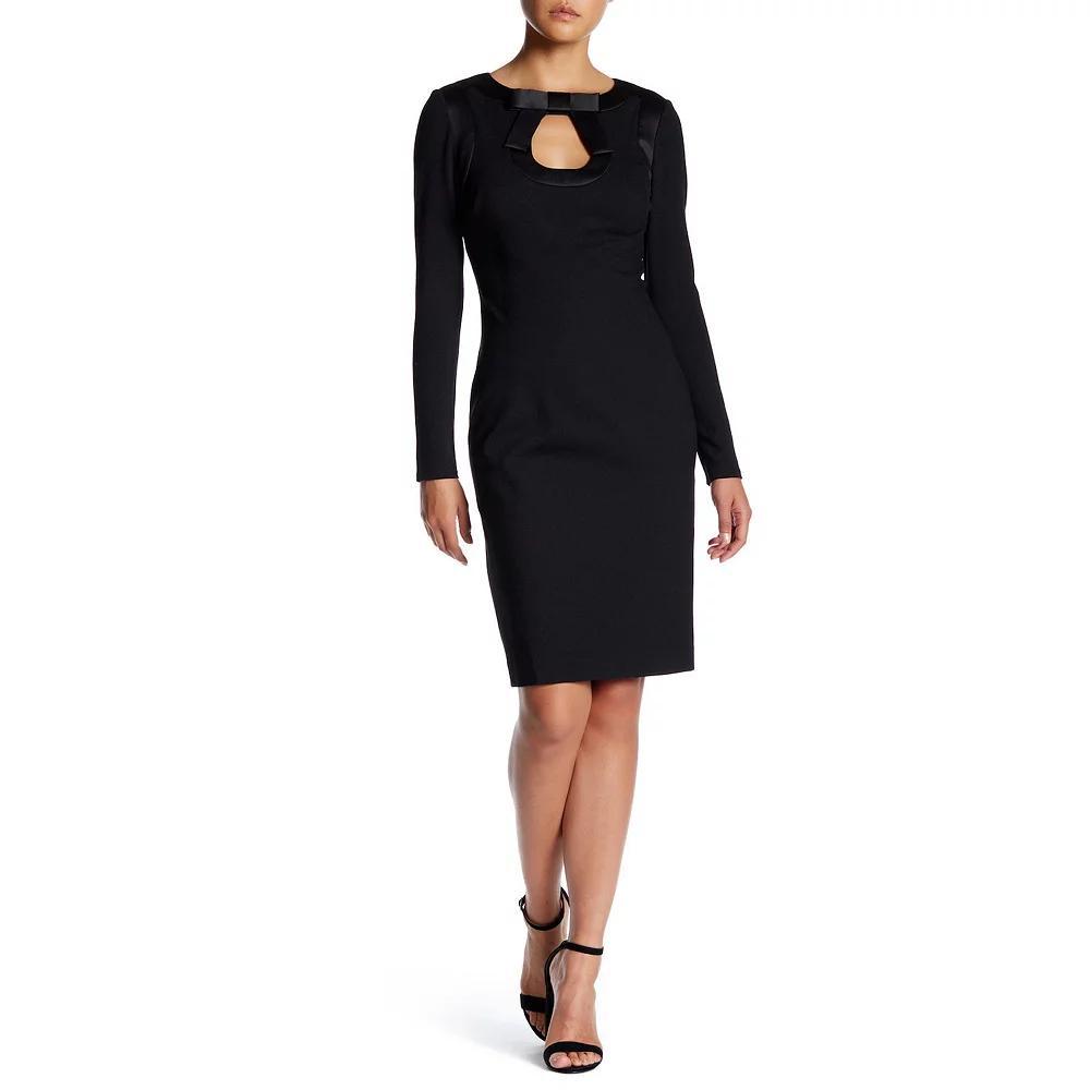 Women's Focus By Shani Bow Keyhole Long Sleeve Knit Dress, Size: 14, Black Ivory Product Image