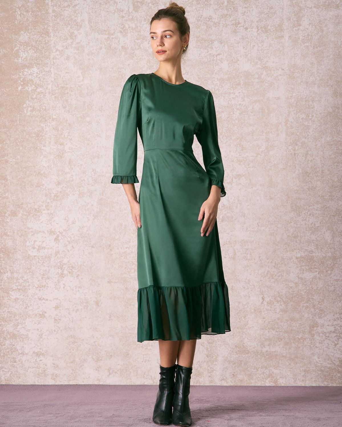 The Green Spliced Ruffle Poet Sleeve Midi Dress Product Image