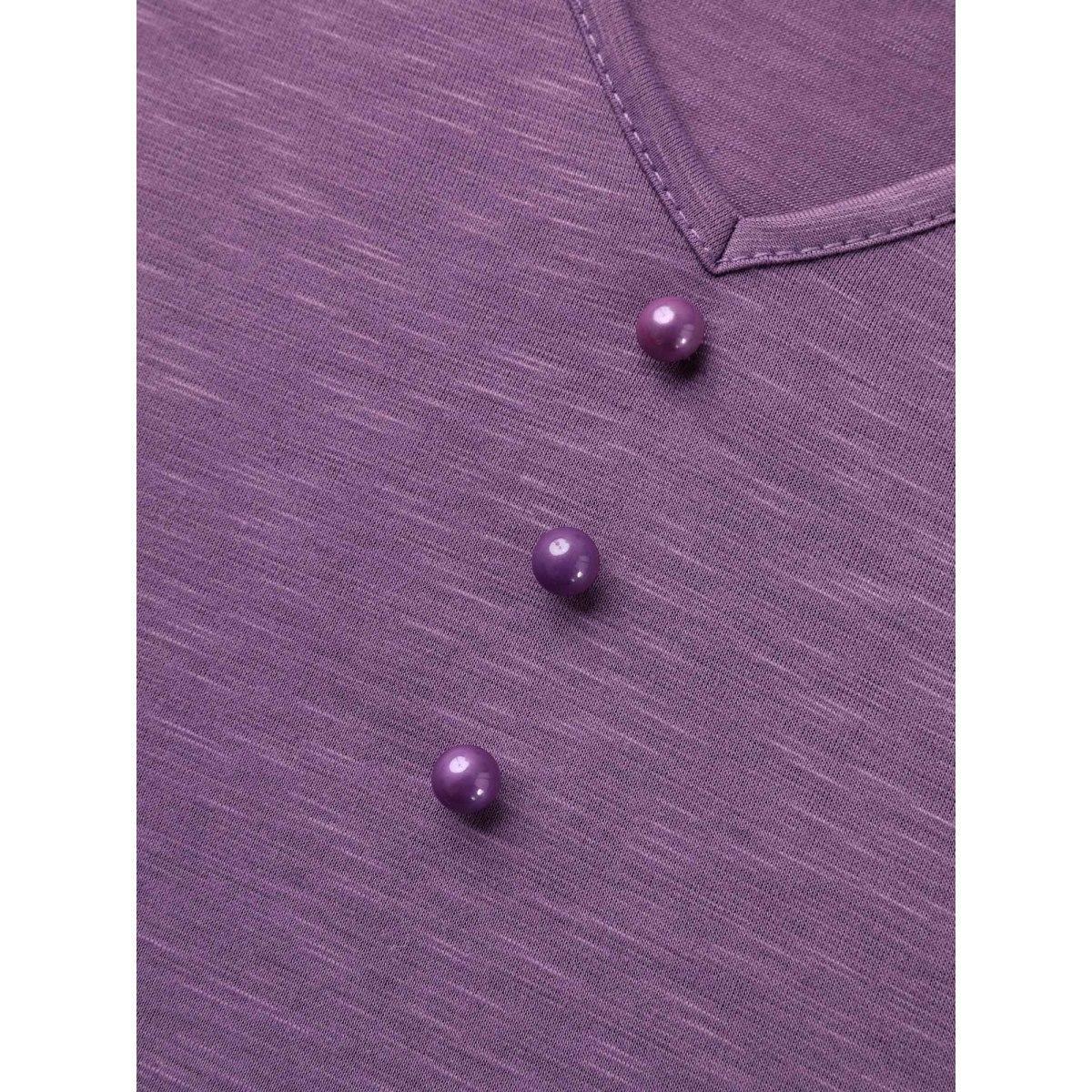 Plus Size Bamboo Textured Pleated Shoulder Button T-Shirt Mauve Women Elegant Gathered V-neck Everyday T-shirts BloomChic 28/5X Product Image