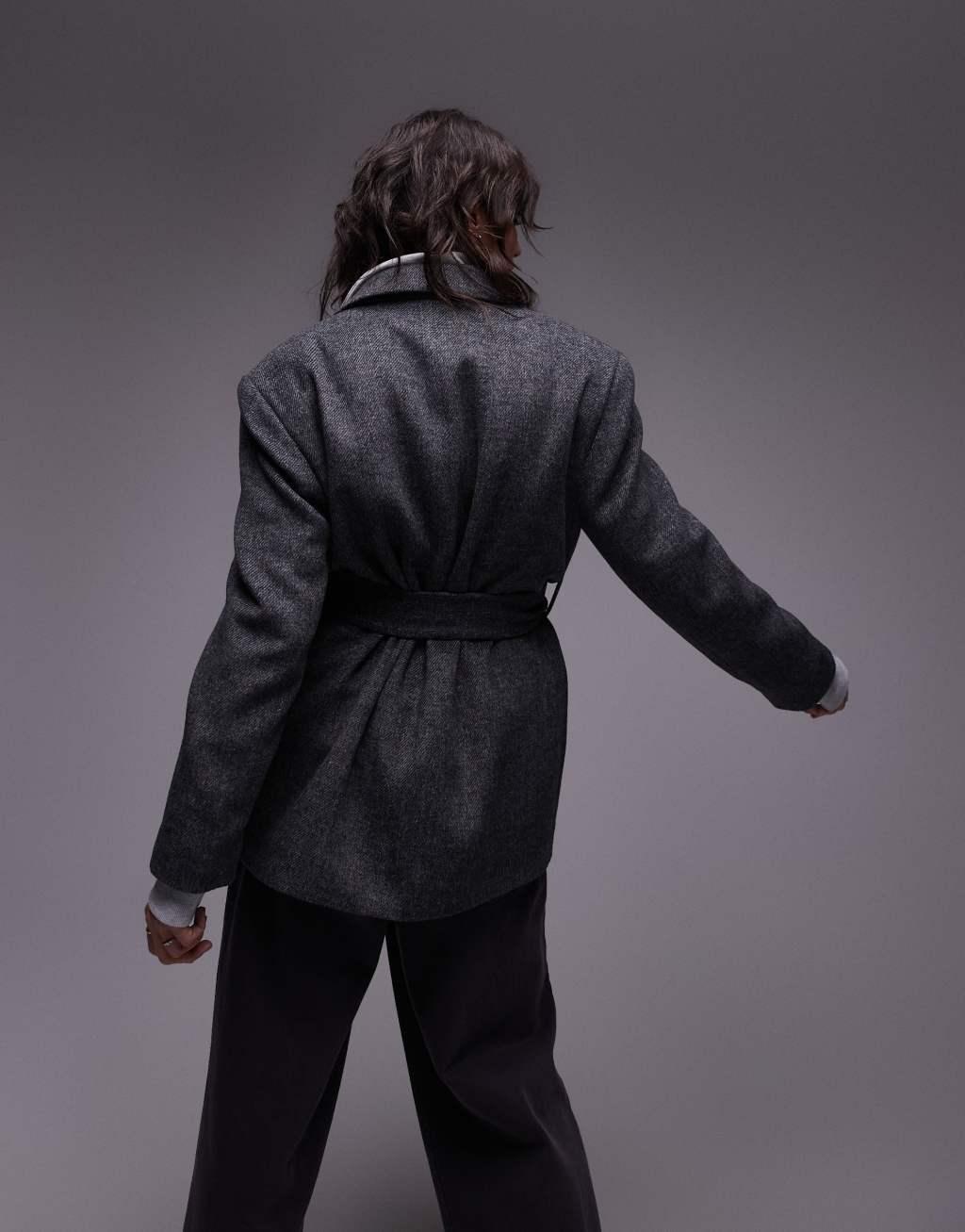 Topshop double breasted belted twill blazer coat in charcoal Product Image