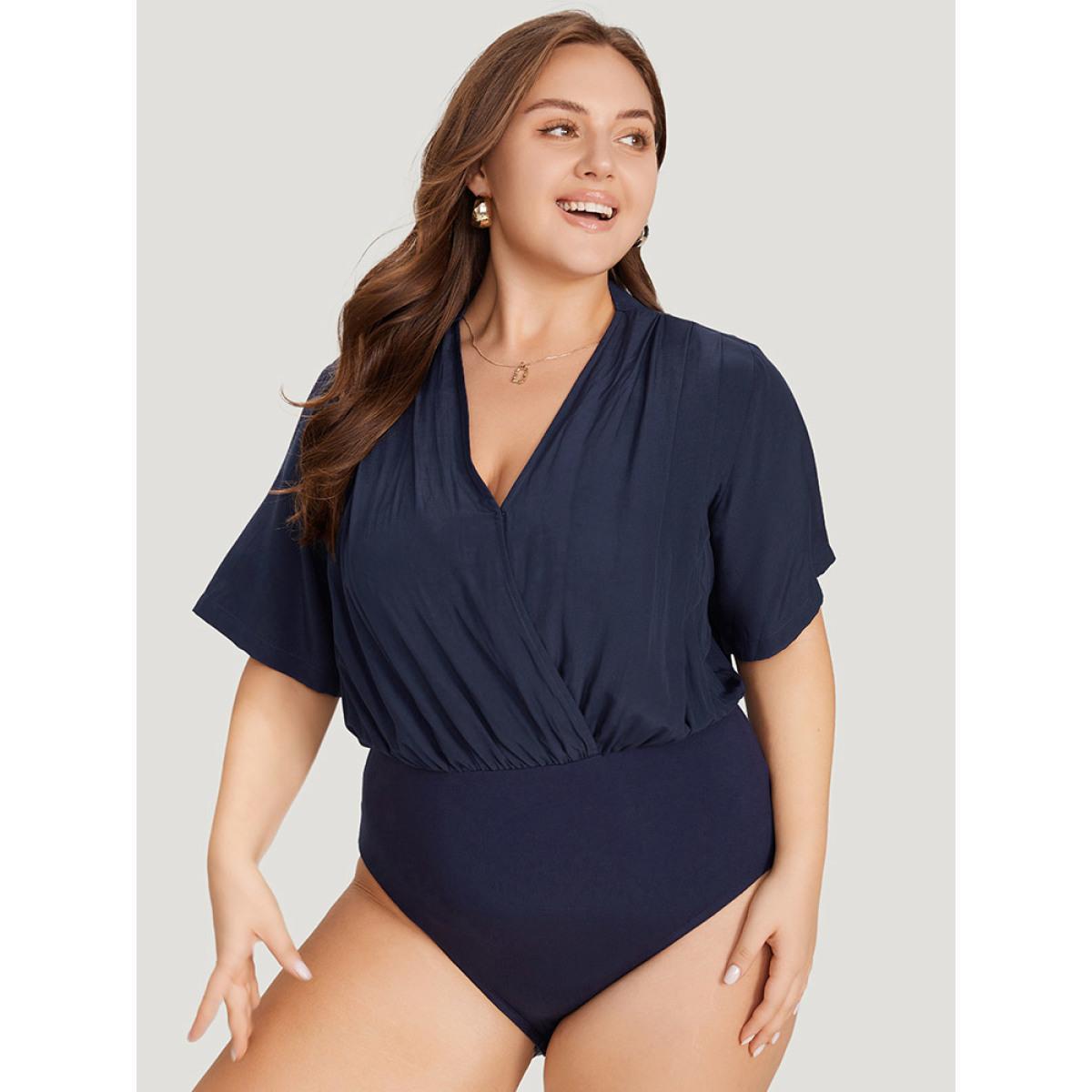 Plus Size Solid Overlap Collar Pleated Bodysuit Women Indigo Plain Wrap Bodysuits BloomChic 10/M Product Image