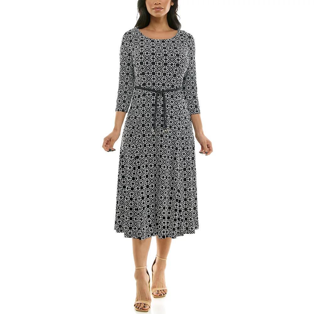 Womens Nina Leonard Sylvia Three-Quarter Sleeve Belted Midi Dress Product Image