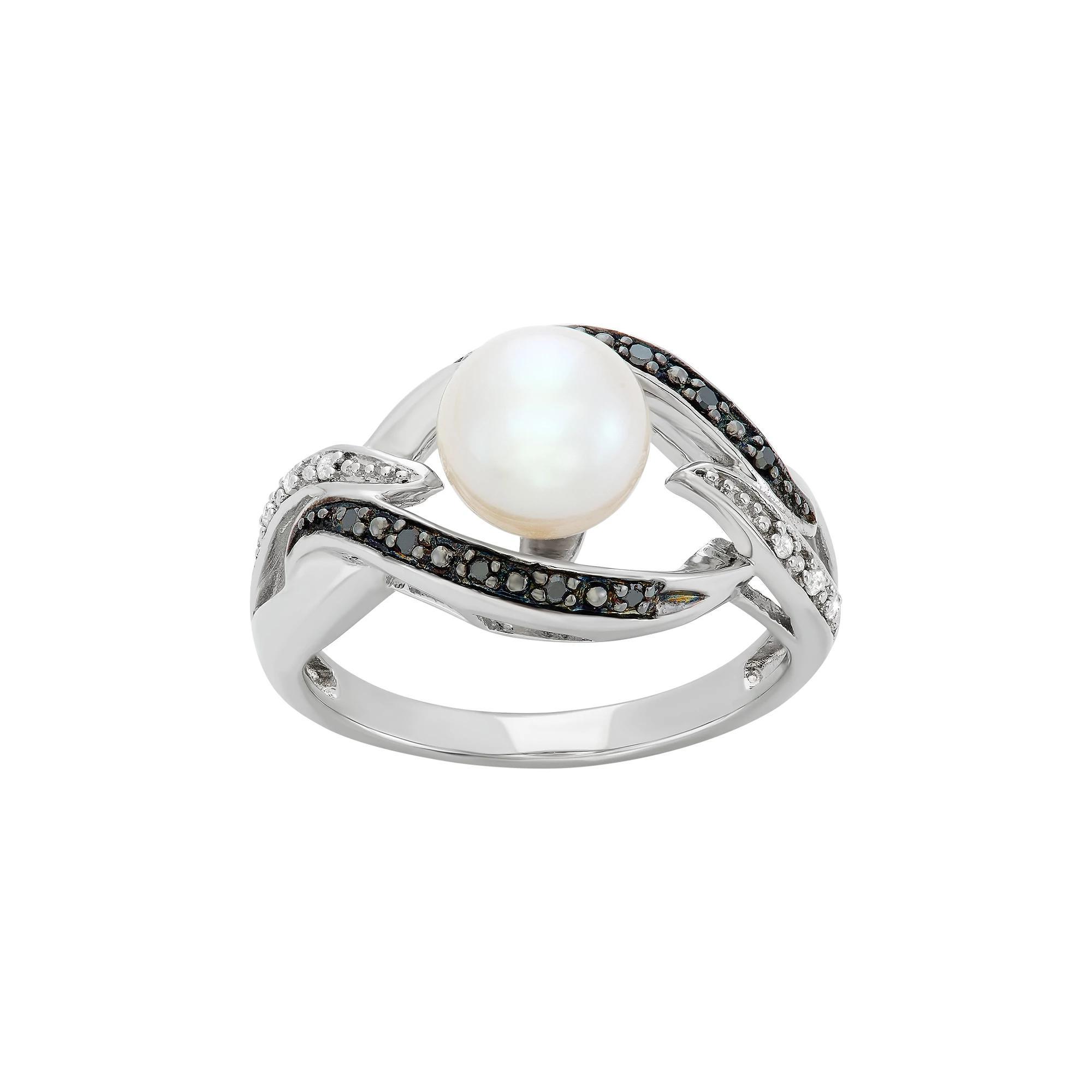 Freshwater Cultured Pearl, and Black and White Diamond Accent Sterling Silver Openwork Ring, Women's, Size: 7 Product Image