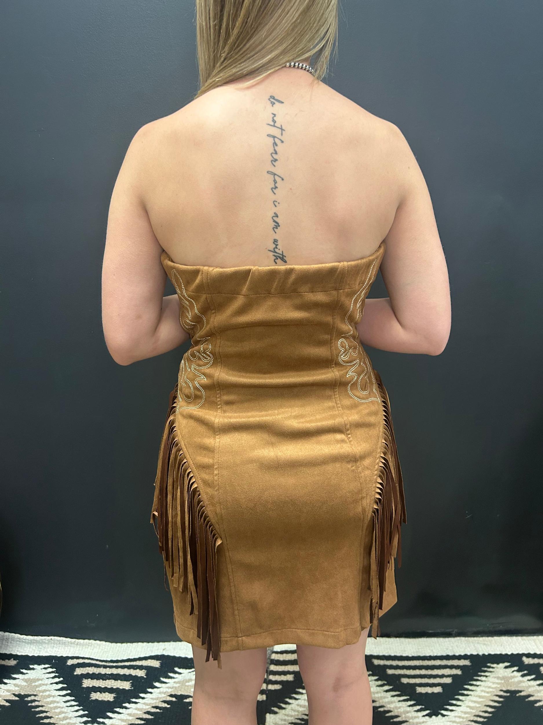 Camel Suede Boot Stitch Embroidered Fringe Dress Product Image