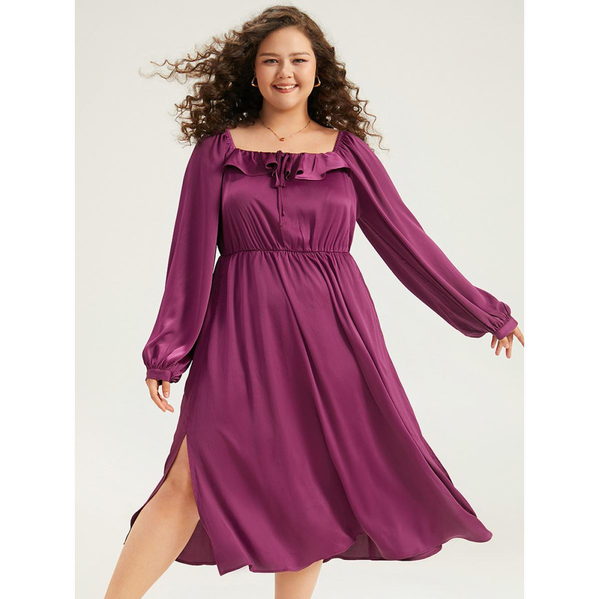 Plus Size Plain Flutter Trim Ties Split Side Dress Purple Women Elegant Gathered Square Neck Long Sleeve Curvy Midi Dress BloomChic 18-20/2X Product Image