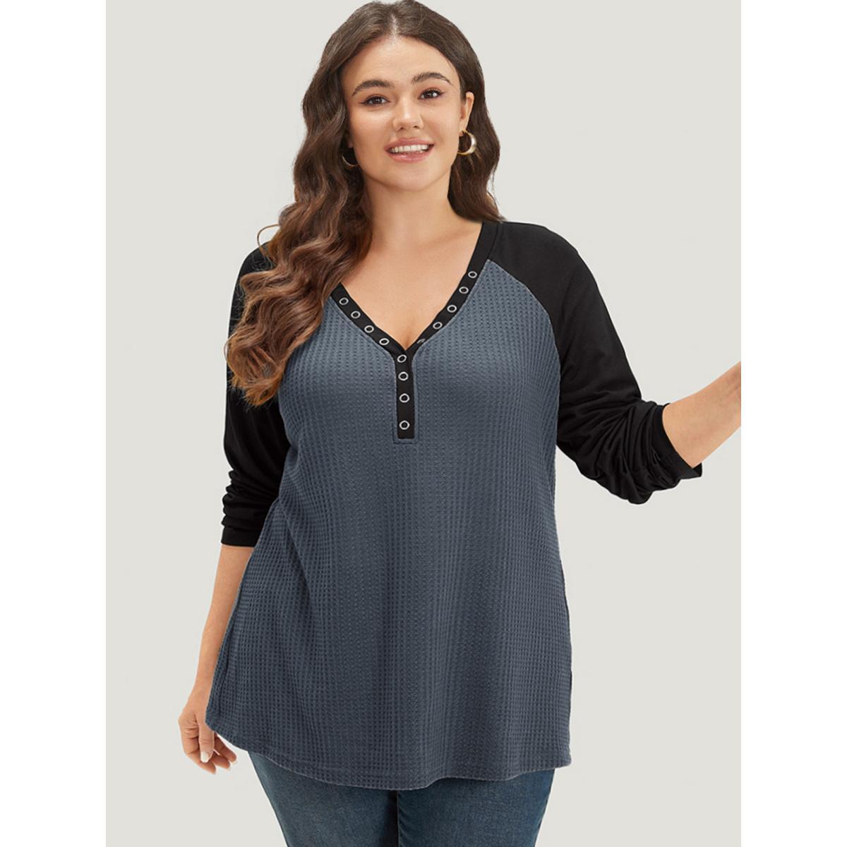 Plus Size Waffle Knit Raglan Sleeve Metal Buckle Detail T-shirt SlateGray Women Casual Contrast Plain V-neck Everyday T-shirts BloomChic 18-20/2X Product Image