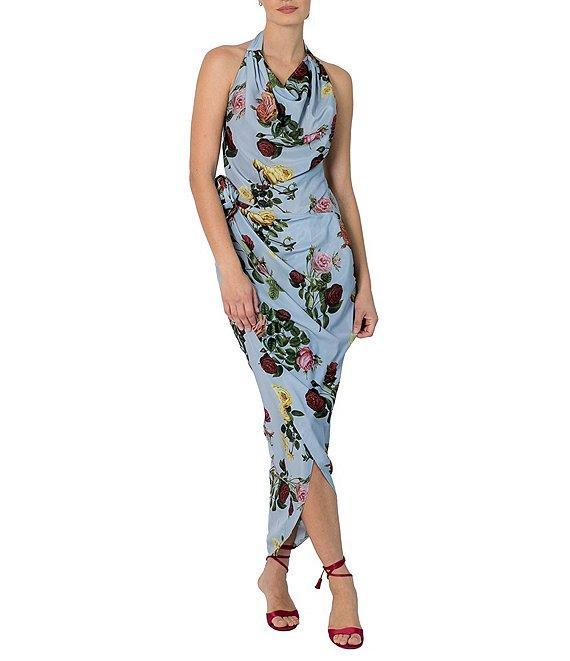 Damaris Bailey Helena Rose Print Halter Neck Sleeveless Sheath Wrap Dress Product Image
