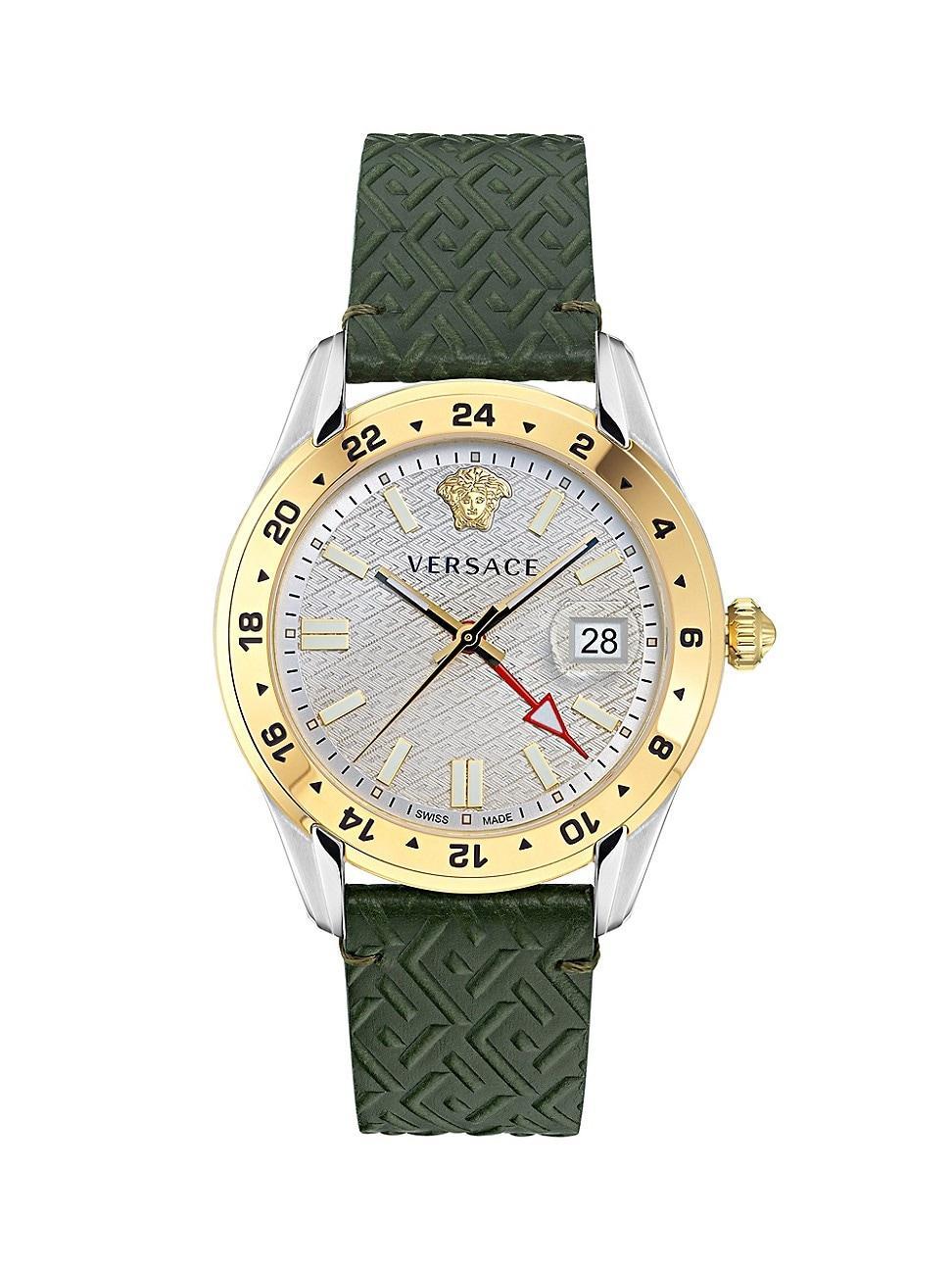 Mens 41MM Greca Time GMT Two-Tone Case & Leather Strap Watch Product Image