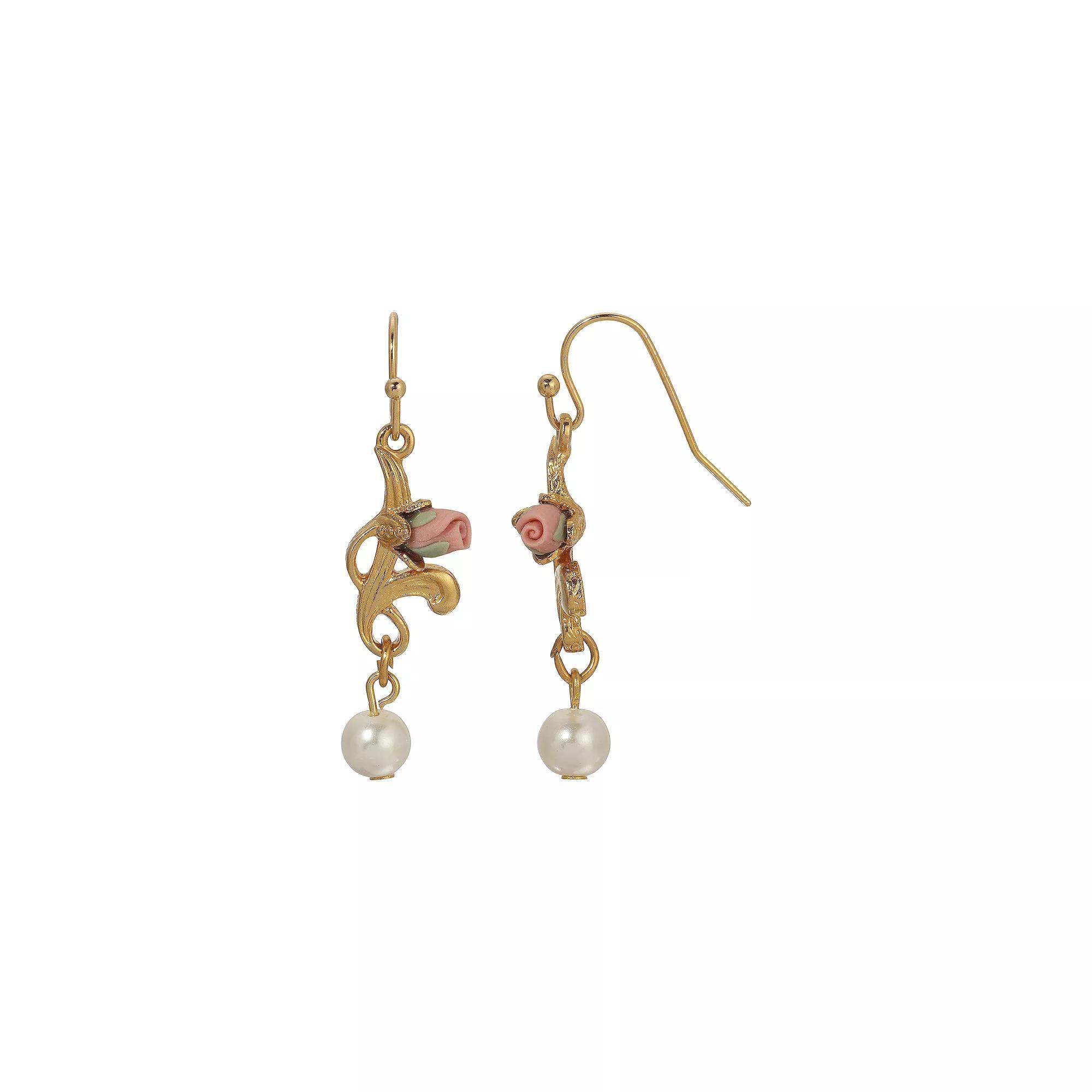 1928 Gold Tone Simulated Pearl & Porcelain Rose Drop Earrings, Womens, White Product Image