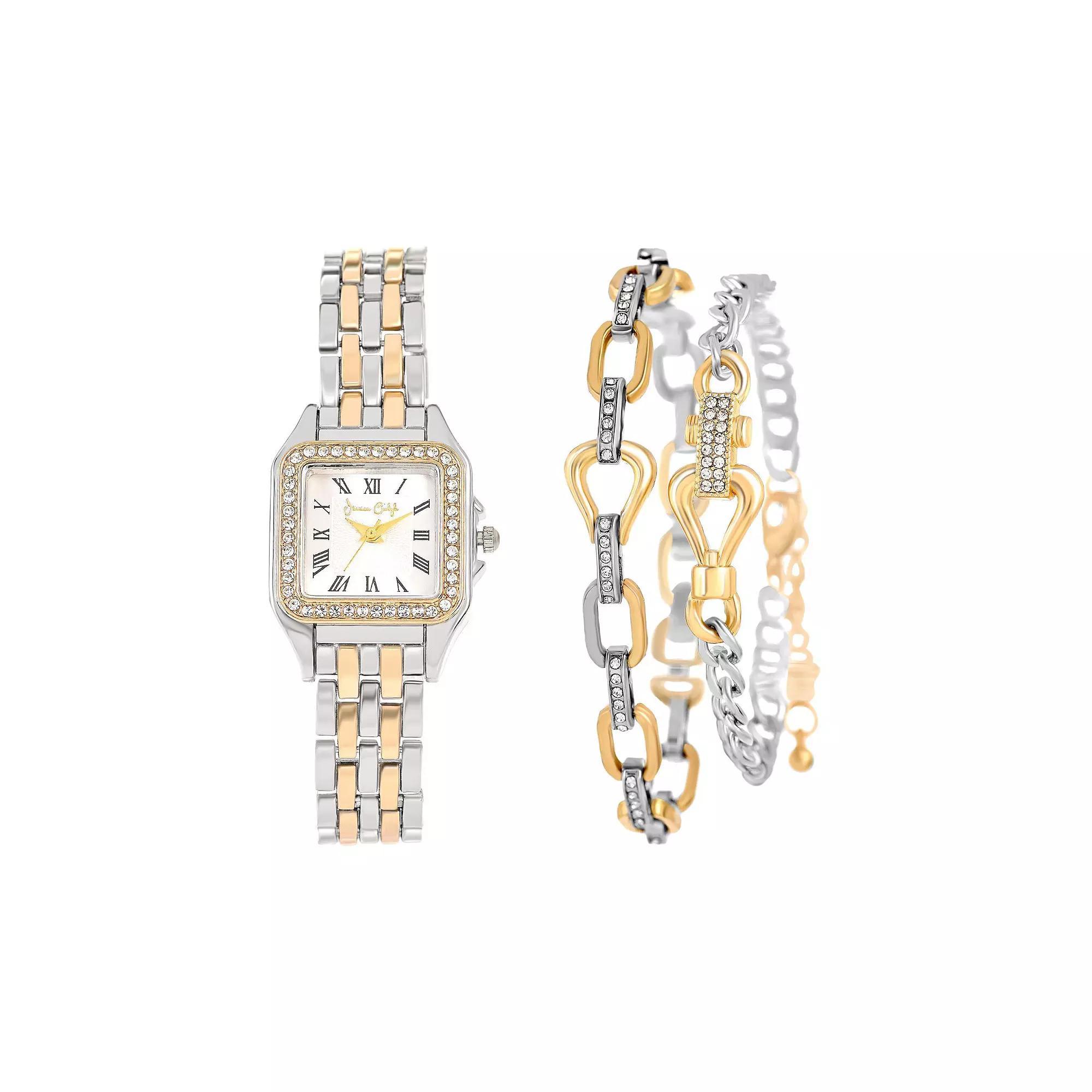 Jessica Carlyle Two Tone Metal Analog Watch & Bracelet Set, Women's, Size: 26 mm, Silver Product Image