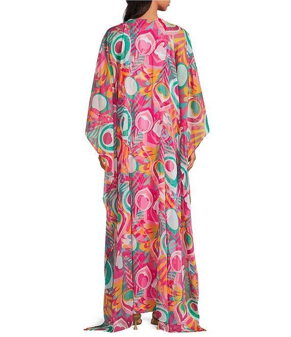 Trina Turk Salon Printed Crinkle Georgette V-Neck Long Sleeve Caftan Salon Maxi Dress Product Image