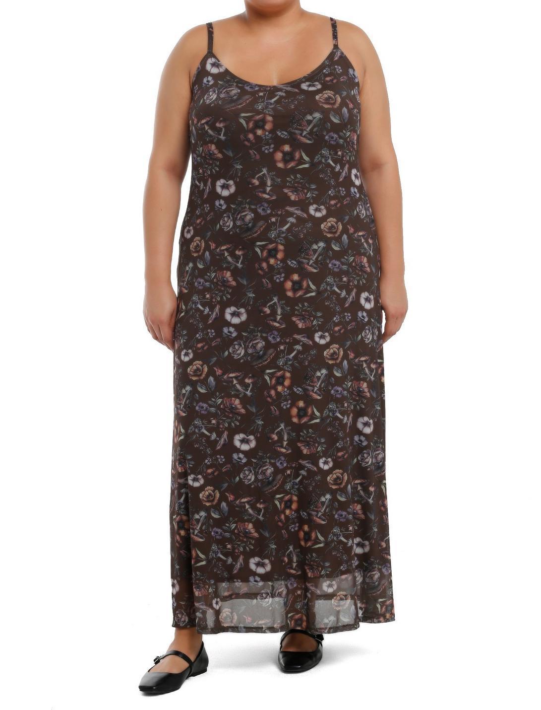 Thorn & Fable Brown Mushrooms & Flowers Maxi Dress Plus Size Product Image