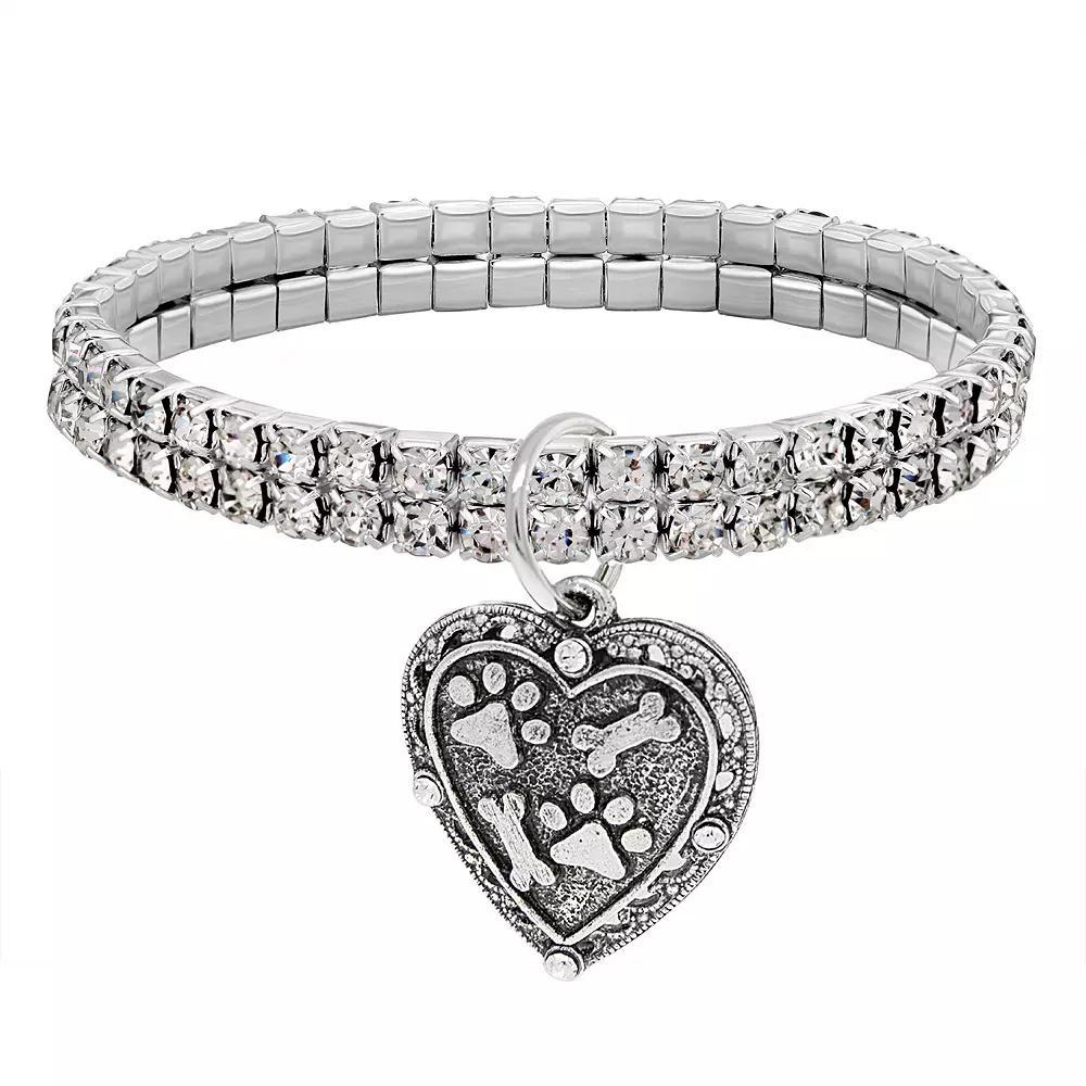 1928 Two Row Crystal Paw And Bones Heart Charm Stretch Bracelet, Women's, Silver Tone Product Image