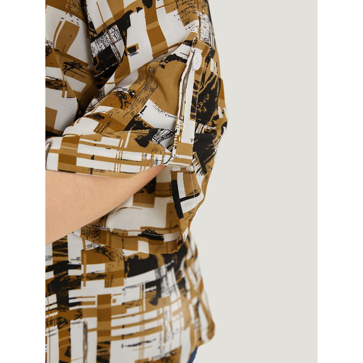 Plus Size Bronze Graphic Print Notched Button Detail Cuffed Sleeve Blouse Women Office Elbow-length sleeve Notched collar Work Blouses BloomChic 30/6X Product Image