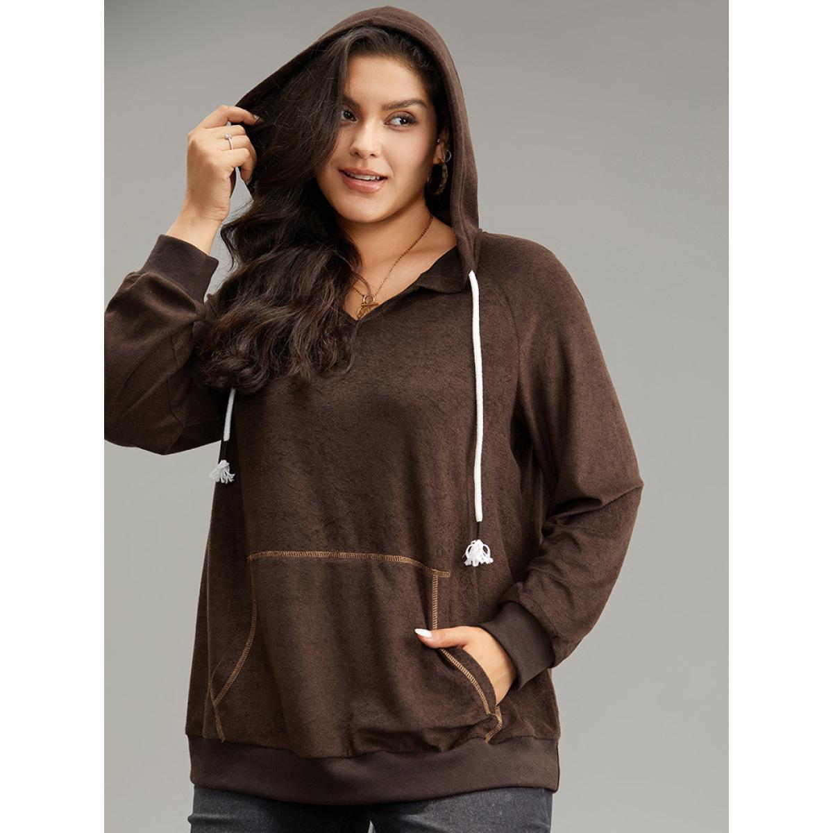 Plus Size Stitch Tassels Drawstring Hooded Sweatshirt Women DarkBrown Casual Elastic cuffs Hooded Dailywear Sweatshirts BloomChic 30/6X Product Image