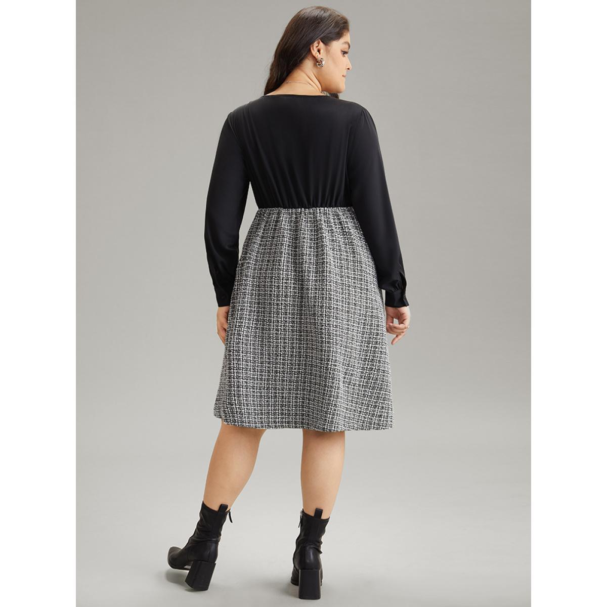 Plus Size Gingham Coarse Tweed Pocket Overlap Collar Dress Black Women Elegant Texture Overlap Collar Long Sleeve Curvy Midi Dress BloomChic 22-24/3X Product Image