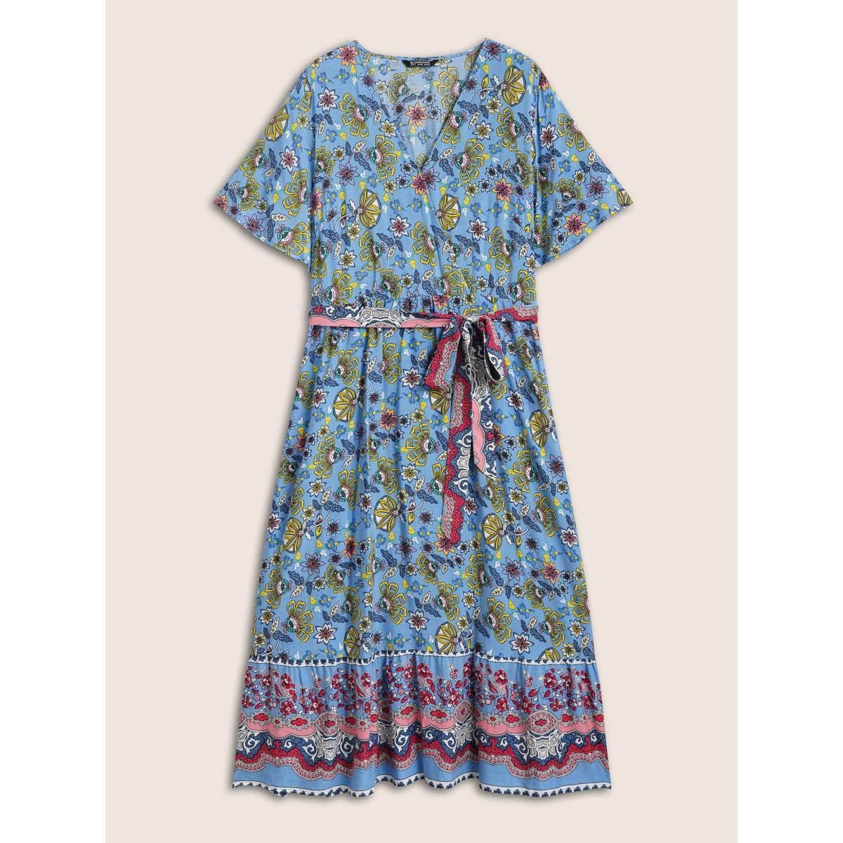 Plus Size Rayon Boho Print Overlap Collar Dress Mediumblue Women Resort Belted Overlap Collar Short sleeve Curvy BloomChic 22-24/3X Product Image
