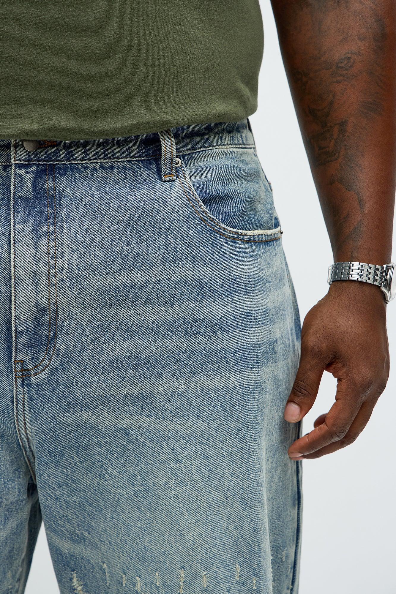 Baggy Scattered Distressed Jeans - Medium Blue Wash Product Image
