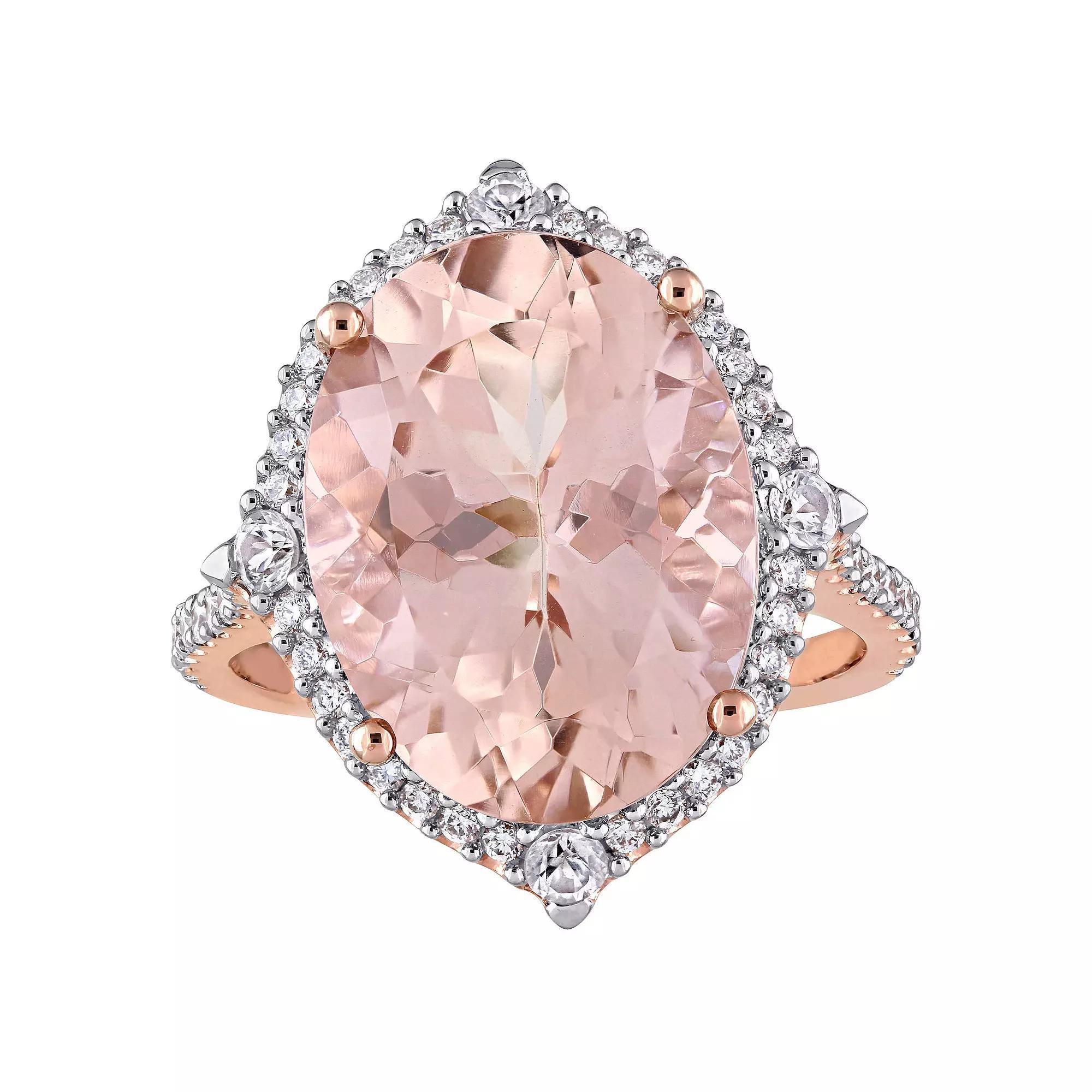 Stella Grace 14k Rose Gold Morganite, White Sapphire & 3/8 Carat T.W. Diamond Halo Cocktail Ring, Women's, Size: 9 Product Image